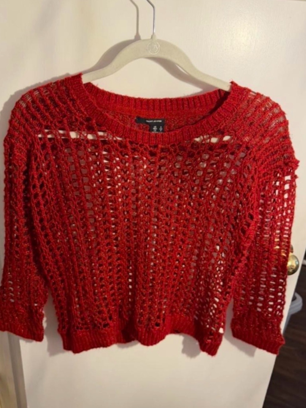 DKNY Red Open-Knit Scoop Neck Sweater